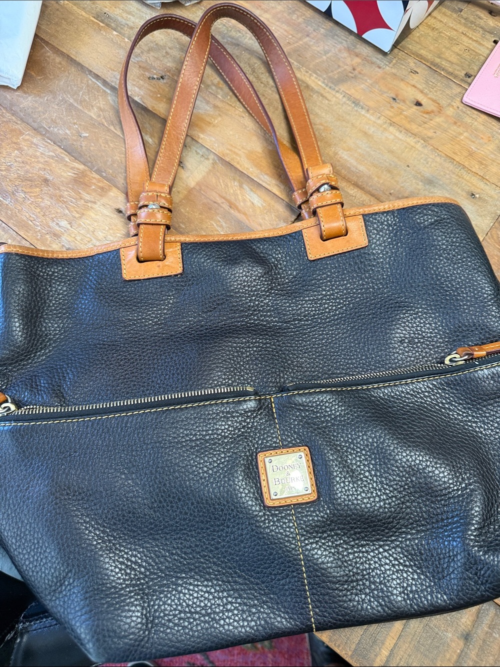 Dooney & Bourke Black Leather Shoulder Bag with Tan Trim